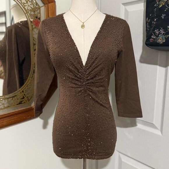 Y2K Colleen Lopez Dark Brown & Copper Beaded Ruched Mid Sleeve Glam Top S/M - Picture 1 of 7